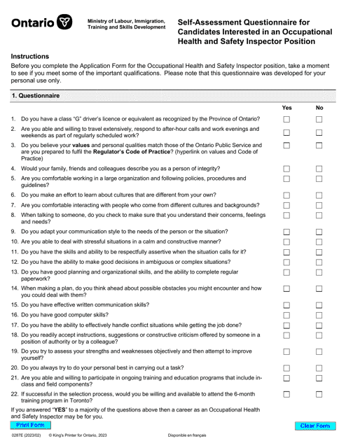 Form 0287 Self-assessment Questionnaire for Candidates Interested in an Occupational Health and Safety Inspector Position - Ontario, Canada