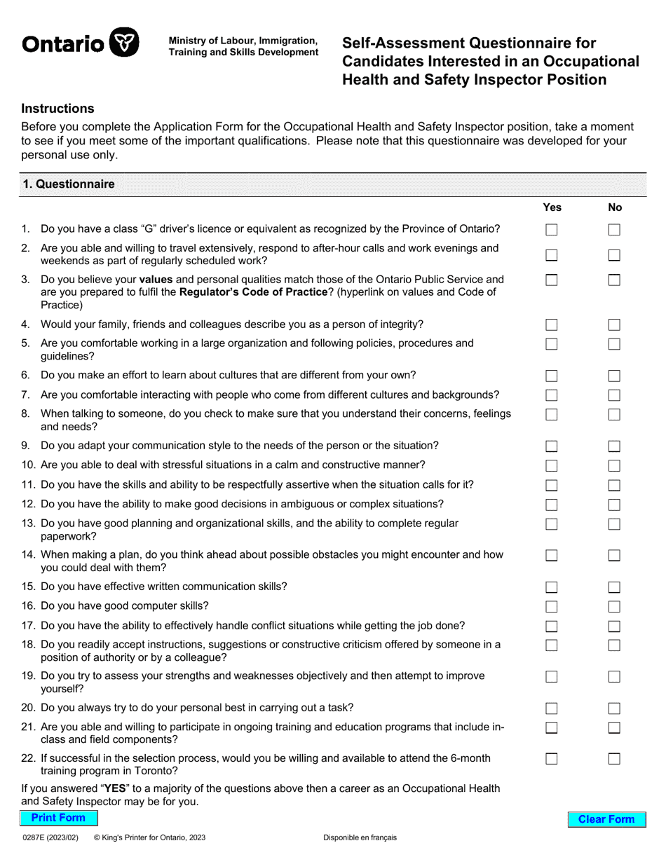 Form 0287 Self-assessment Questionnaire for Candidates Interested in an Occupational Health and Safety Inspector Position - Ontario, Canada, Page 1