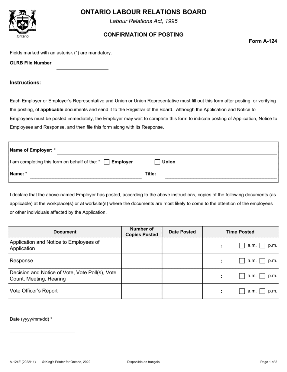 Form A-124 Confirmation of Posting - Ontario, Canada, Page 1