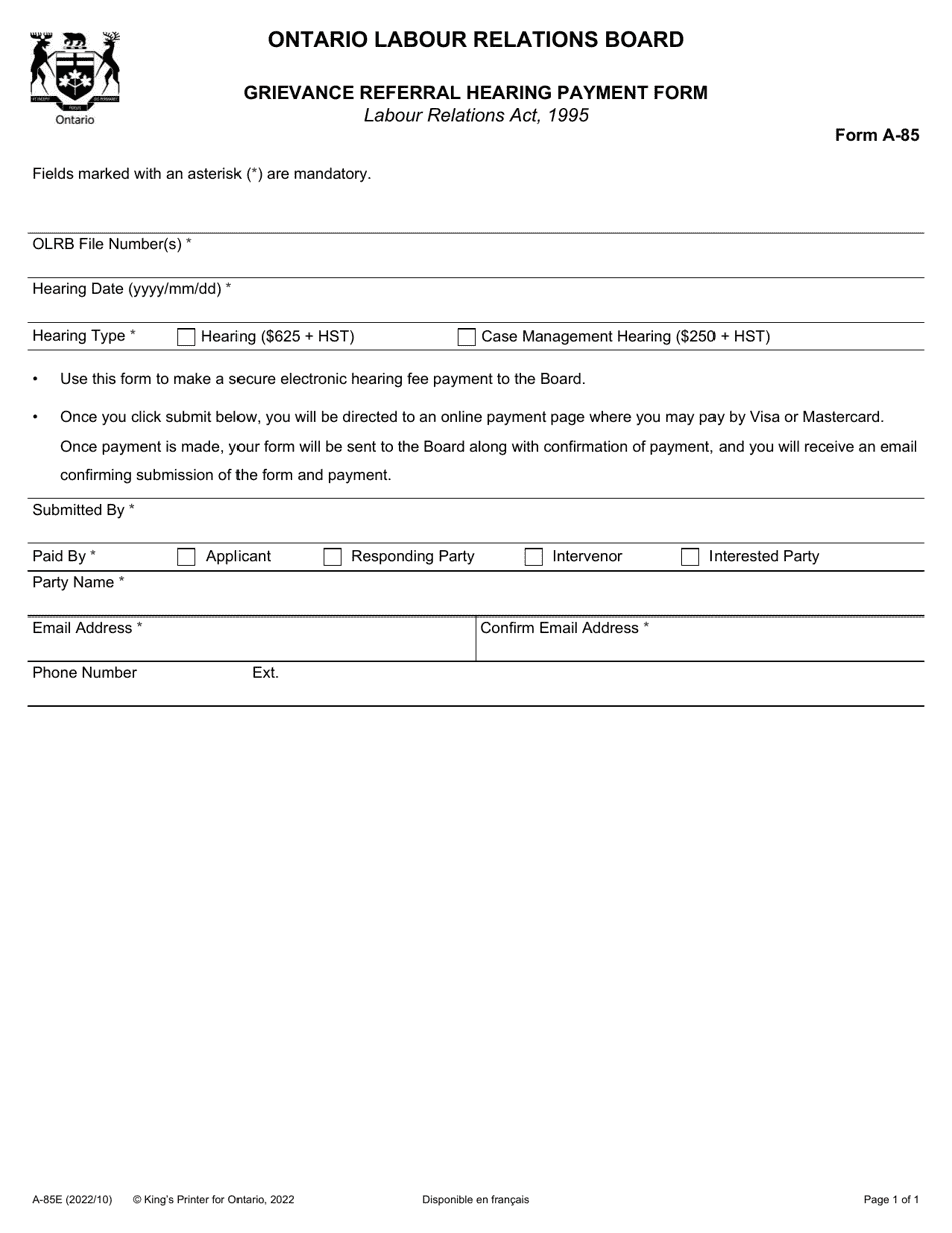 Form A-85 Grievance Referral Hearing Payment Form - Ontario, Canada, Page 1