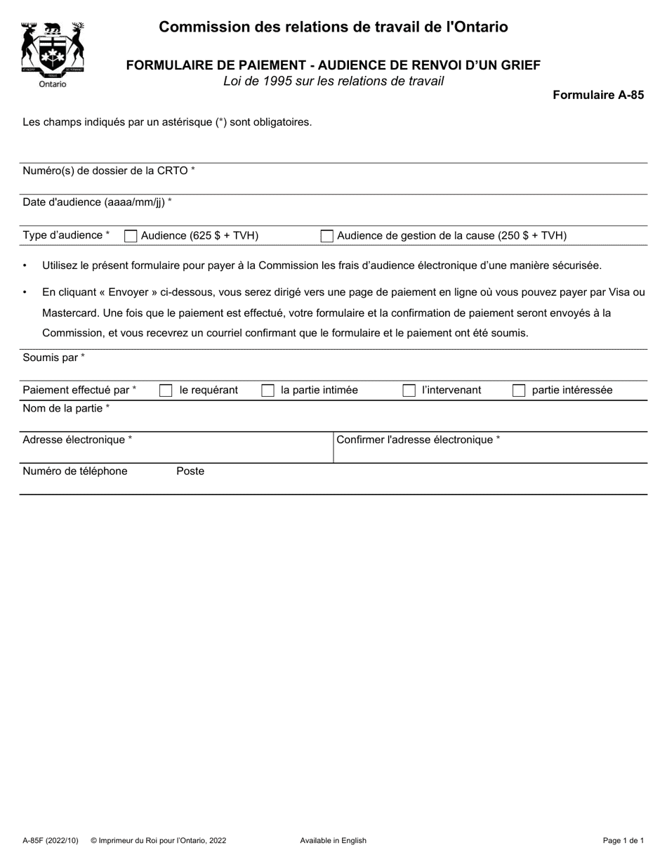 Forme A-85 Formulaire De Paiement - Audience De Renvoi Dun Grief - Ontario, Canada (French), Page 1