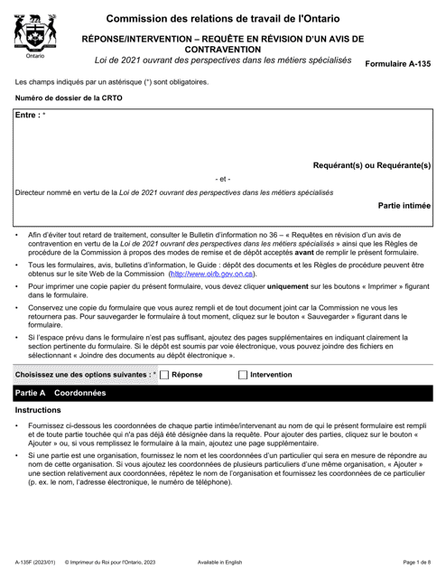 Forme A-135 Reponse/Intervention - Requete En Revision D'un Avis De Contravention - Ontario, Canada (French)