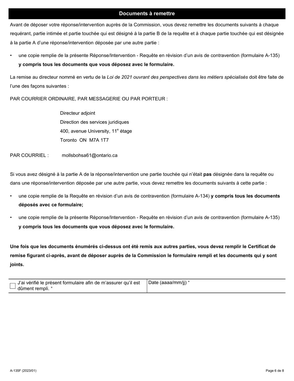 Forme A-135 Reponse / Intervention - Requete En Revision Dun Avis De Contravention - Ontario, Canada (French), Page 6