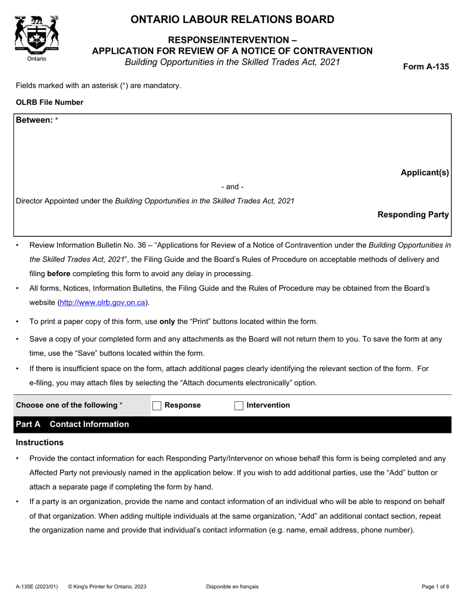 Form A-135 Response / Intervention - Application for Review of a Notice of Contravention - Ontario, Canada, Page 1