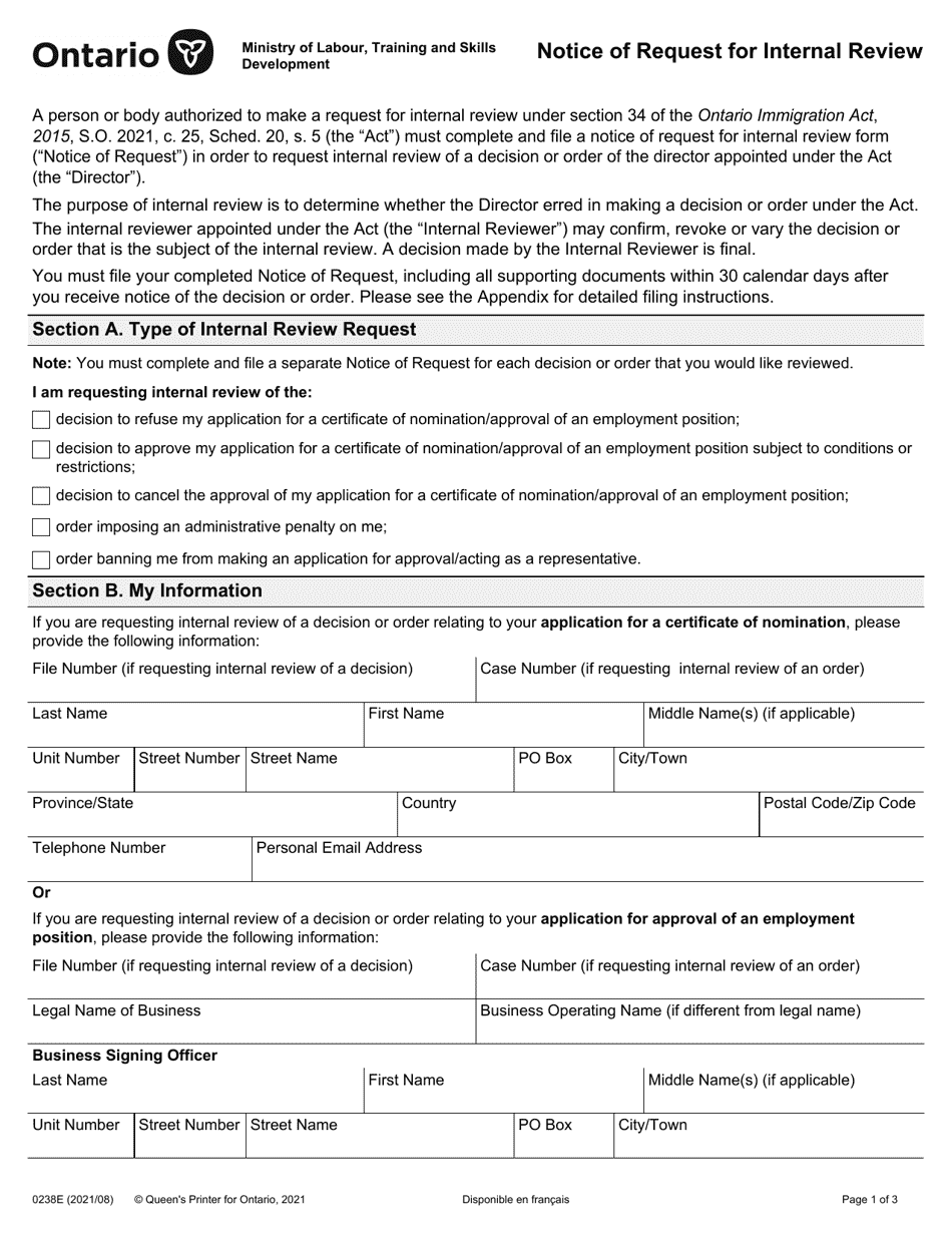 Form 0238E Notice of Request for Internal Review - Ontario, Canada, Page 1