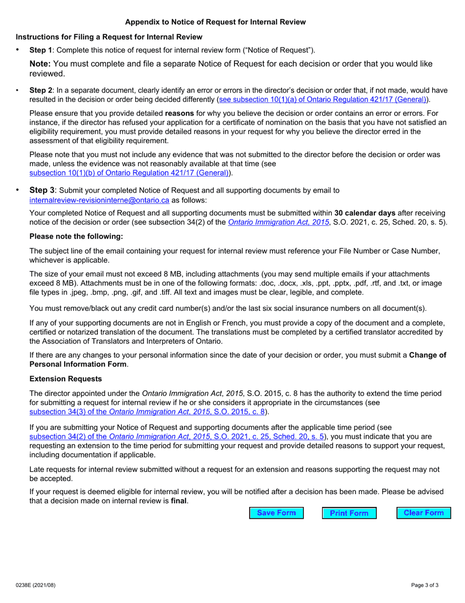 Form 0238E Notice of Request for Internal Review - Ontario, Canada, Page 3