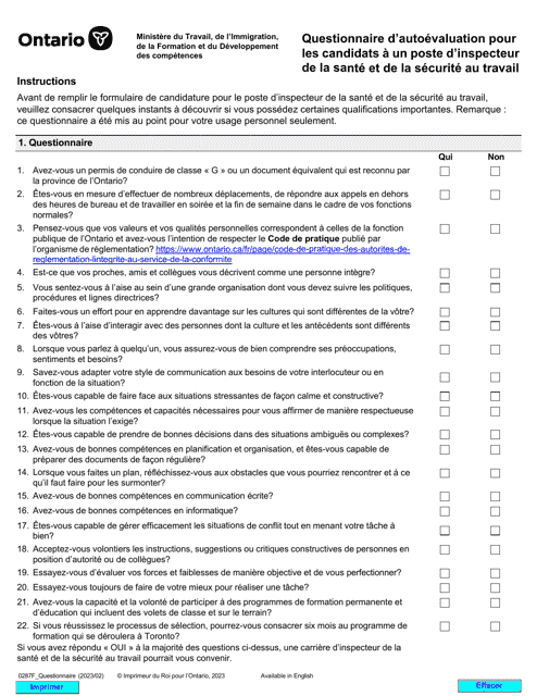 Forme 0287F Questionnaire D'autoevaluation Pour Les Candidats a Un Poste D'inspecteur De La Sante Et De La Securite Au Travail - Ontario, Canada (French)