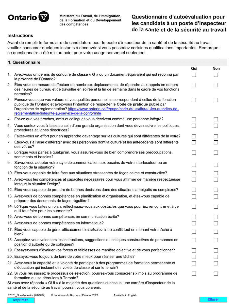 Forme 0287F Questionnaire Dautoevaluation Pour Les Candidats a Un Poste Dinspecteur De La Sante Et De La Securite Au Travail - Ontario, Canada (French), Page 1