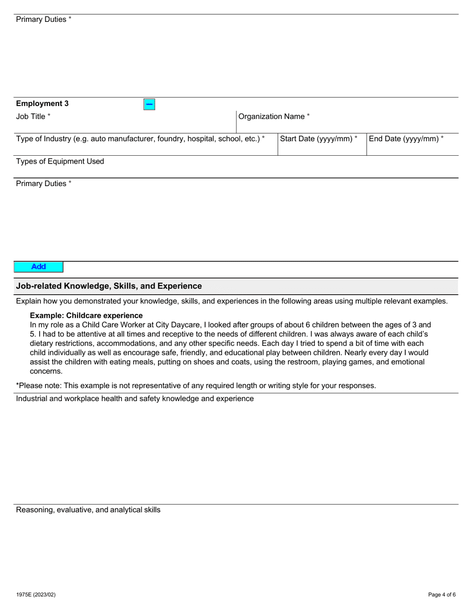 Form 1975E Application for Employment Occupational Health and Safety Inspector - Industrial - Ontario, Canada, Page 4