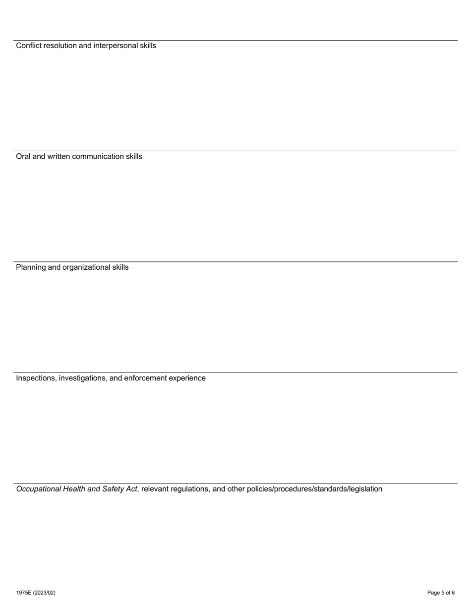 Form 1975E Application for Employment Occupational Health and Safety Inspector - Industrial - Ontario, Canada, Page 5