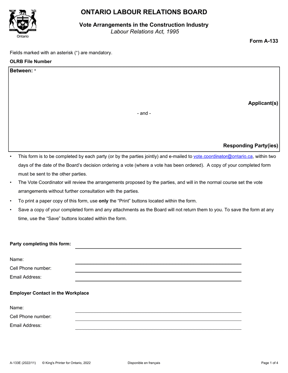 Form A-133 Vote Arrangements in the Construction Industry - Ontario, Canada, Page 1