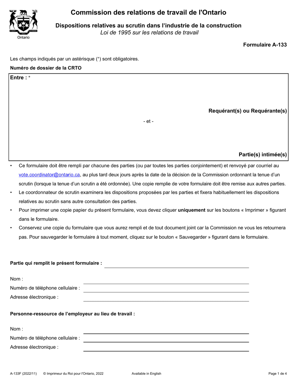 Forme A-133 Dispositions Relatives Au Scrutin Dans Lindustrie De La Construction - Ontario, Canada (French), Page 1