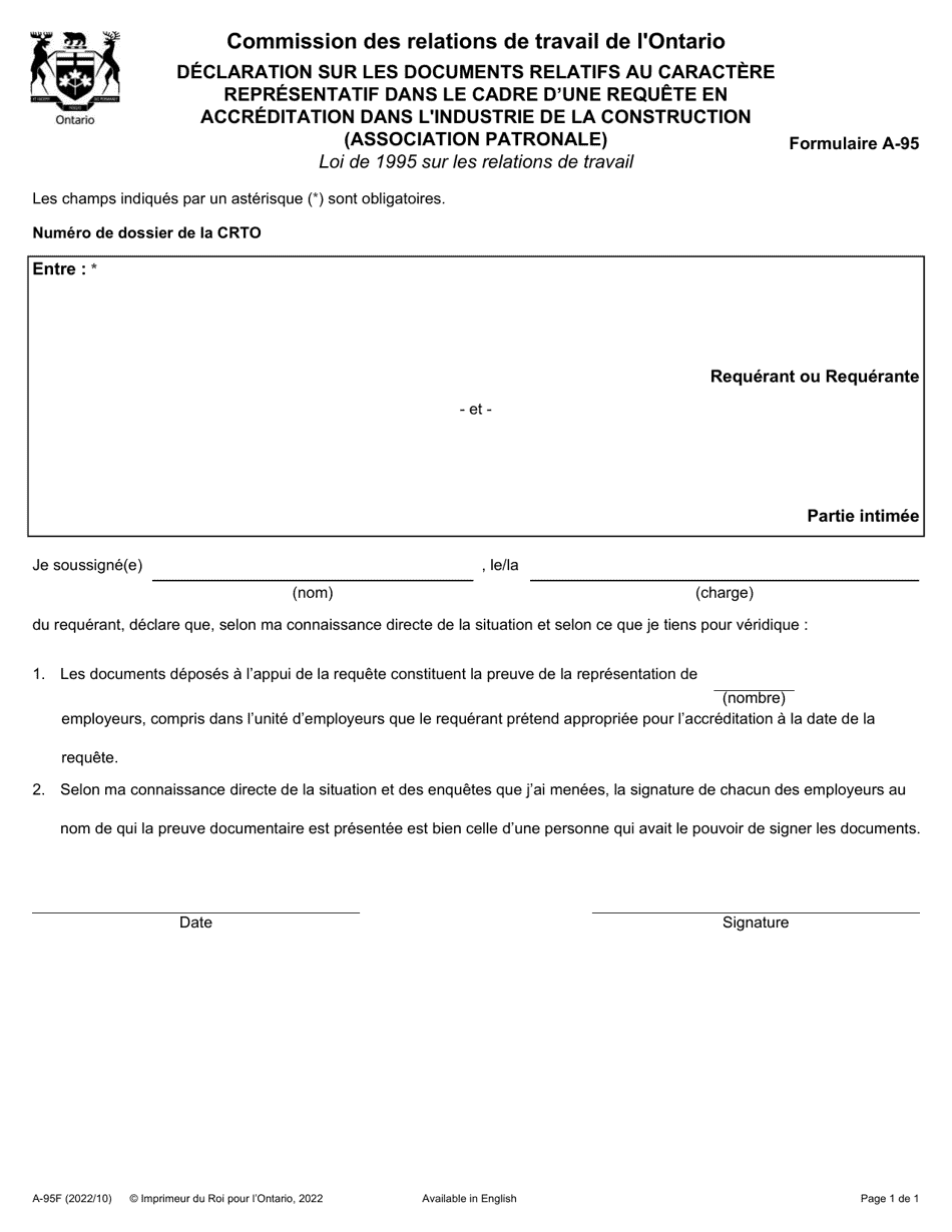 Forme A-95 Declaration Sur Les Documents Relatifs Au Caractere Representatif Dans Le Cadre Dune Requete En Accreditation Dans Lindustrie De La Construction (Association Patronale) - Ontario, Canada (French), Page 1