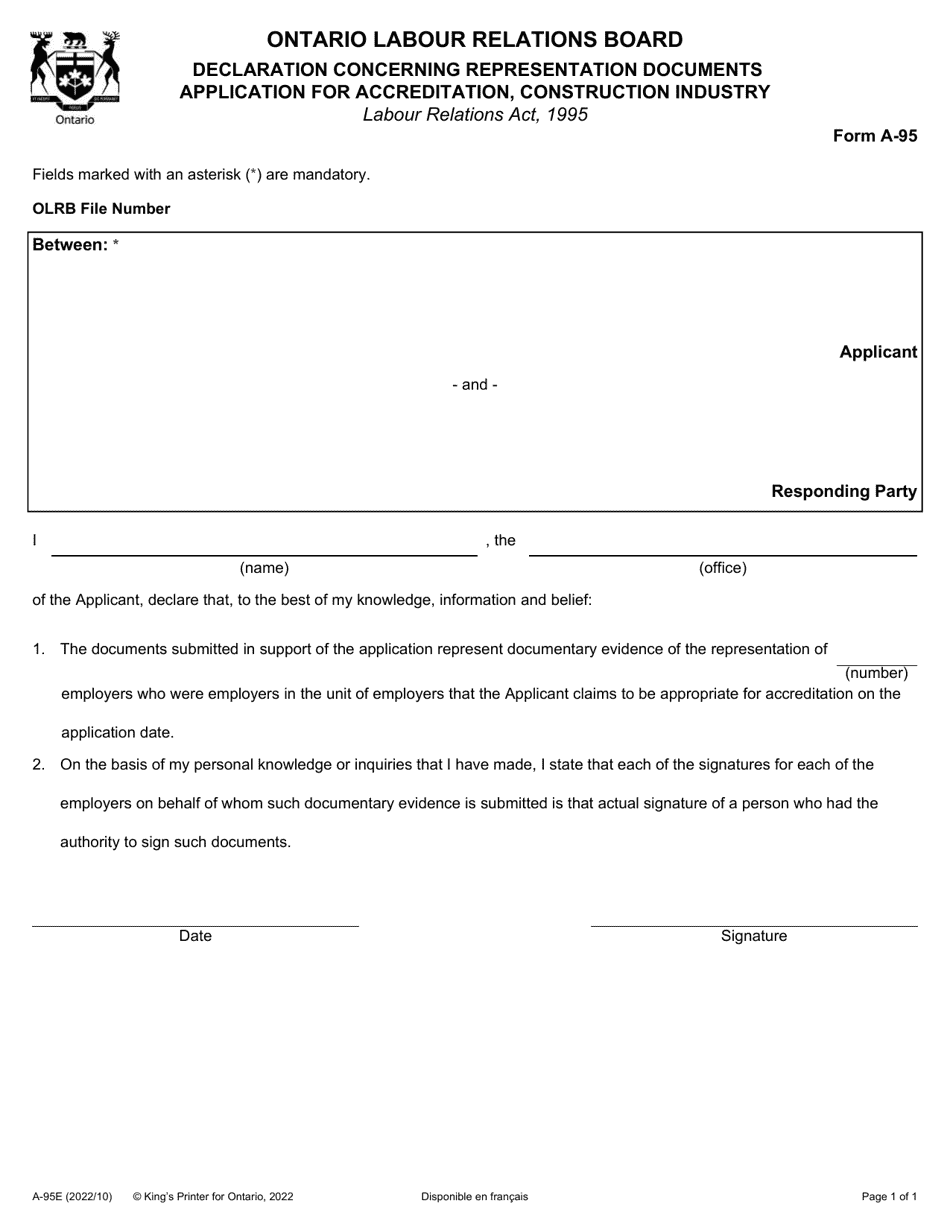 Form A-95 Declaration Concerning Representation Documents Application for Accreditation, Construction Industry - Ontario, Canada, Page 1