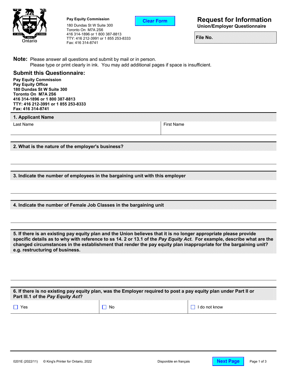 Form 0201 Request for Information - Union / Employer Questionnaire - Ontario, Canada, Page 1