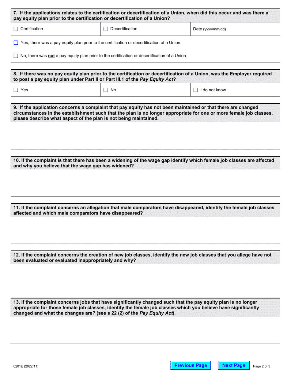 Form 0201 Request for Information - Union / Employer Questionnaire - Ontario, Canada, Page 2
