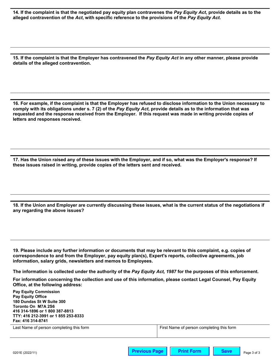 Form 0201 Request for Information - Union / Employer Questionnaire - Ontario, Canada, Page 3