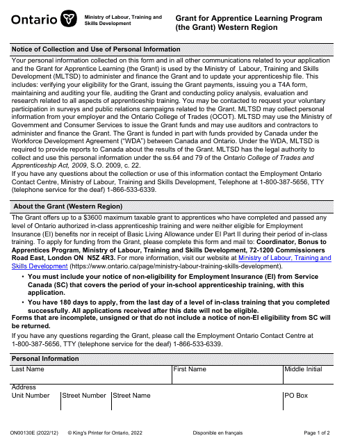 Form ON00130E Grant for Apprentice Learning Program (The Grant) Northern Region - Ontario, Canada