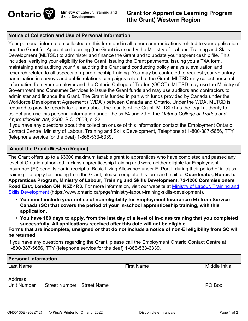 Form ON00130E Grant for Apprentice Learning Program (The Grant) Northern Region - Ontario, Canada, Page 1