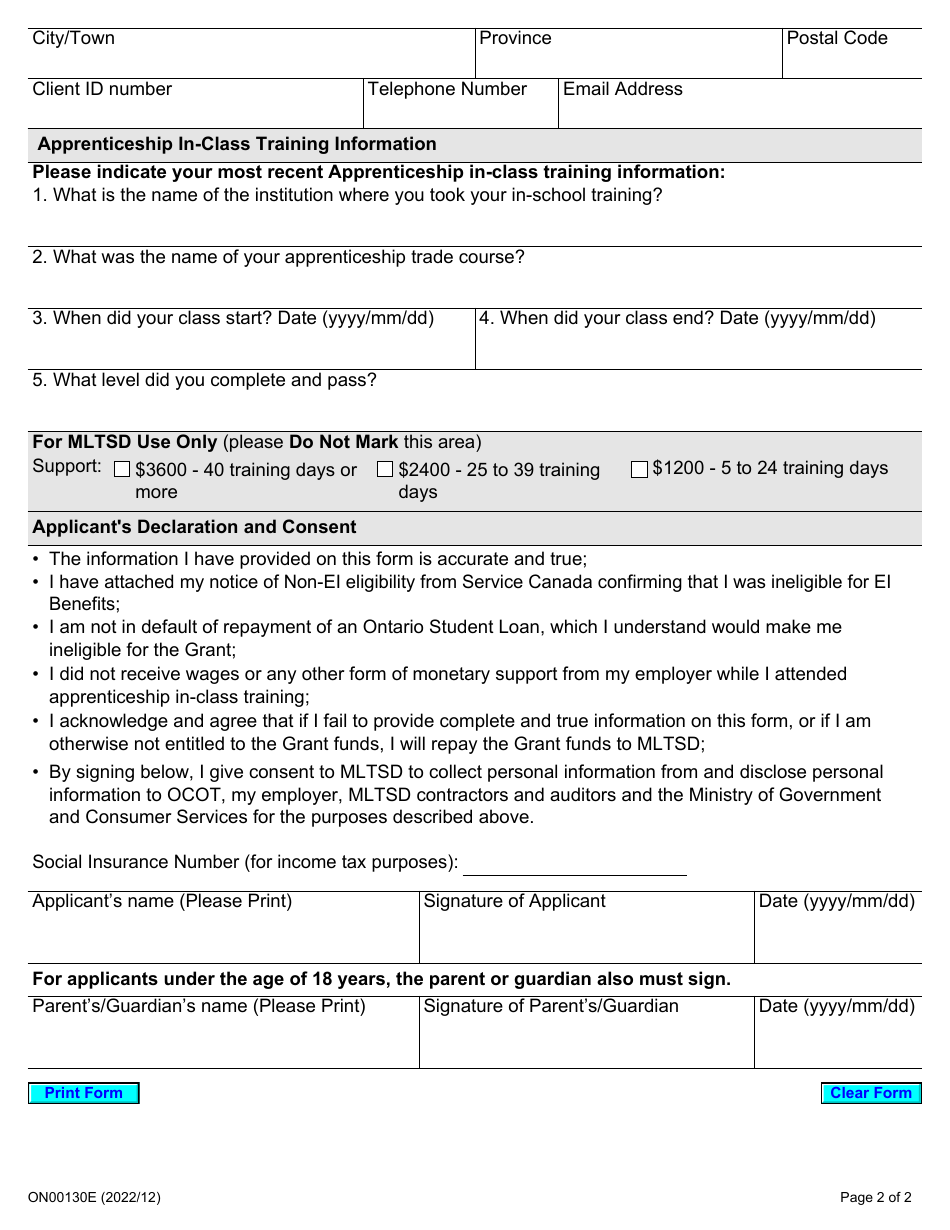 Form ON00130E Grant for Apprentice Learning Program (The Grant) Northern Region - Ontario, Canada, Page 2