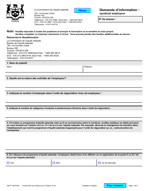 Forme 0201F Demande D'information: Syndicat/Employeur - Ontario, Canada (French)