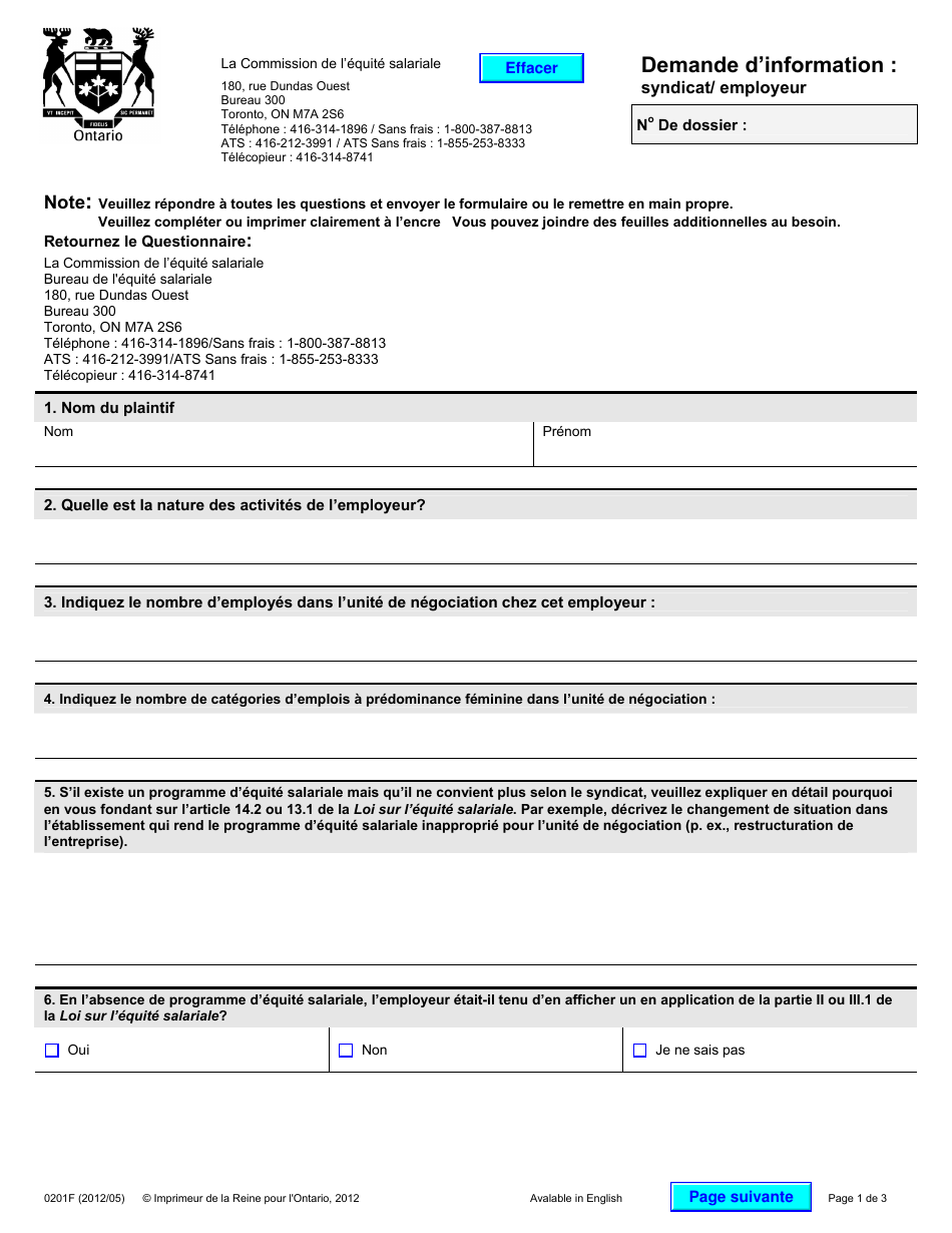 Forme 0201F Demande Dinformation: Syndicat / Employeur - Ontario, Canada (French), Page 1