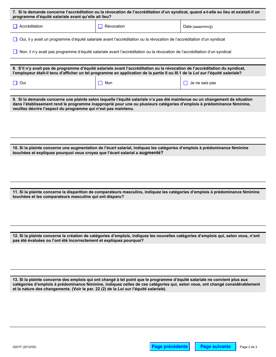 Forme 0201F Demande Dinformation: Syndicat / Employeur - Ontario, Canada (French), Page 2
