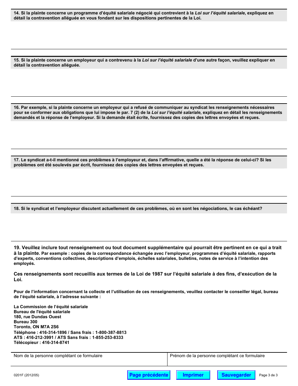 Forme 0201F Demande Dinformation: Syndicat / Employeur - Ontario, Canada (French), Page 3