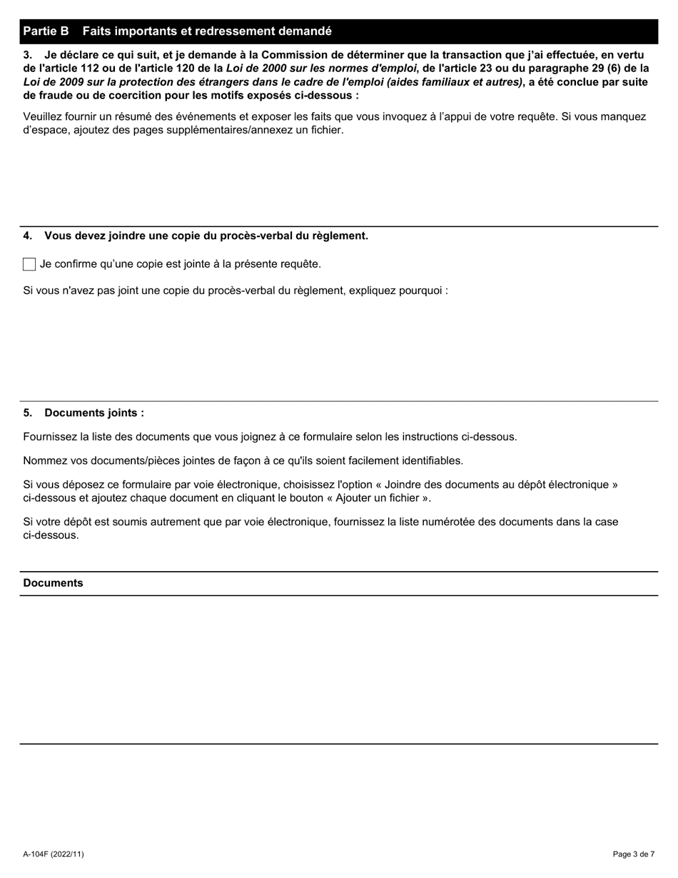 Forme A-104 Requete En Annulation Dune Transaction Par Suite De Fraude Ou De Coercition En Vertu De Larticle 112 Ou 120 De La Loi De 2000 Sur Les Normes Demploi Ou En Vertu De Larticle 23 Ou Du Paragraphe 29 (6) De La Loi De 2009 Sur La Protection DES Etrangers Dans Le Cadre De Lemploi - Ontario, Canada (French), Page 3