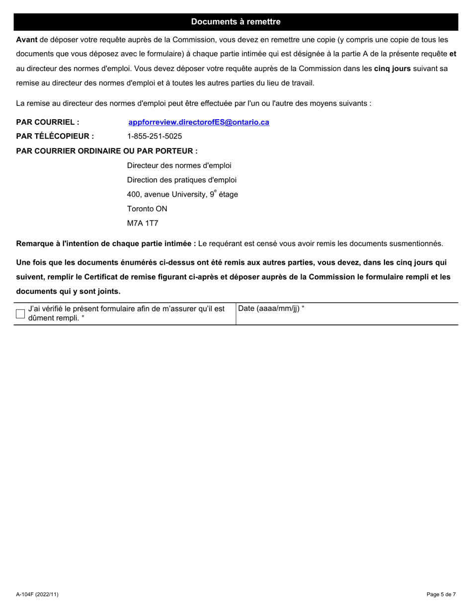 Forme A-104 Requete En Annulation Dune Transaction Par Suite De Fraude Ou De Coercition En Vertu De Larticle 112 Ou 120 De La Loi De 2000 Sur Les Normes Demploi Ou En Vertu De Larticle 23 Ou Du Paragraphe 29 (6) De La Loi De 2009 Sur La Protection DES Etrangers Dans Le Cadre De Lemploi - Ontario, Canada (French), Page 5