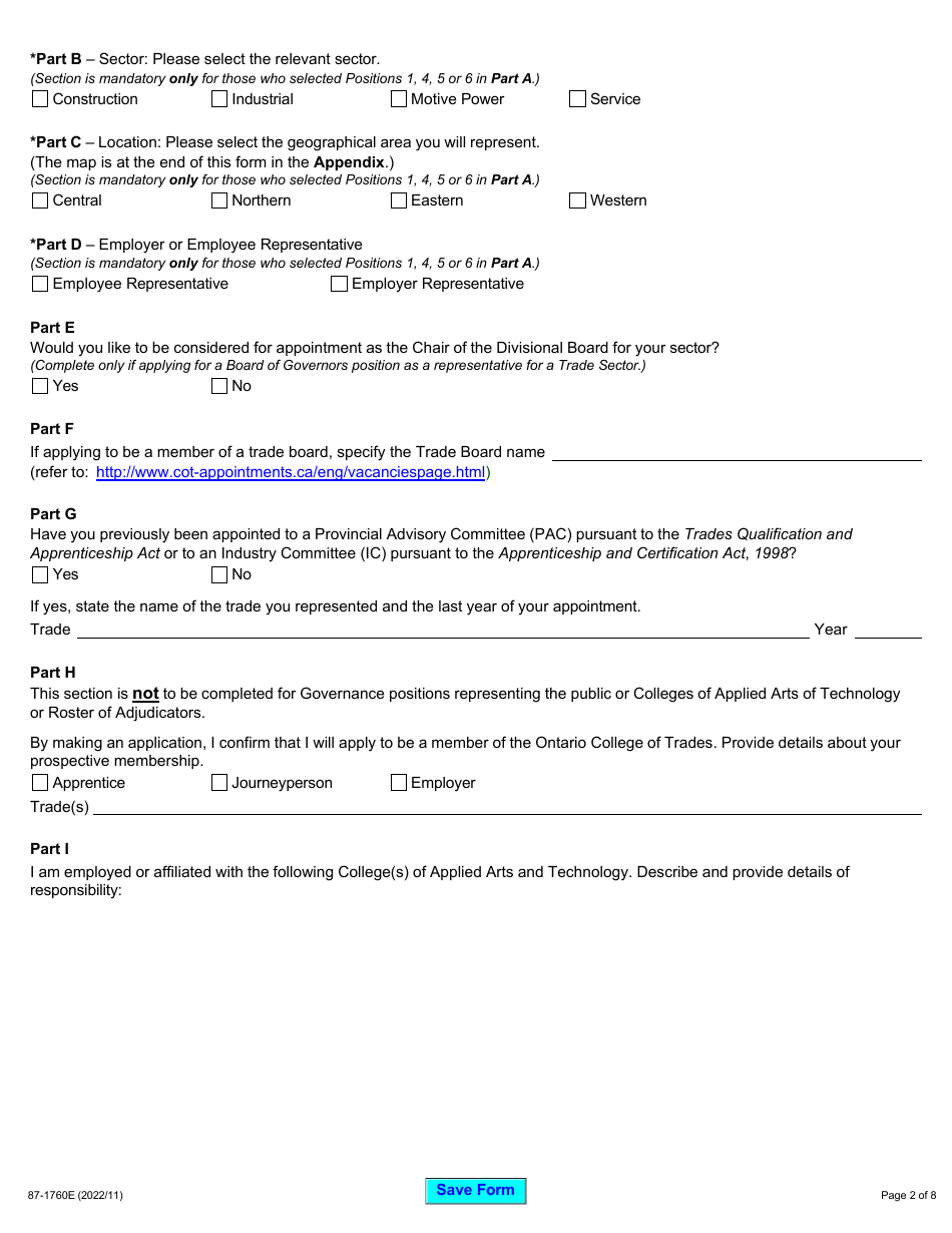 Form 87-1760E Ontario College of Trades Governance Boards and Roster of Adjudicators Application - Ontario, Canada, Page 2