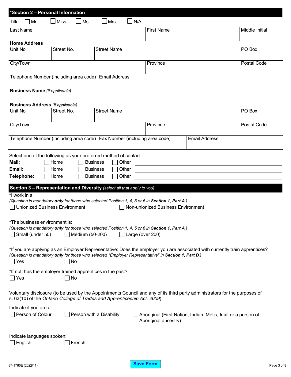 Form 87-1760E Ontario College of Trades Governance Boards and Roster of Adjudicators Application - Ontario, Canada, Page 3