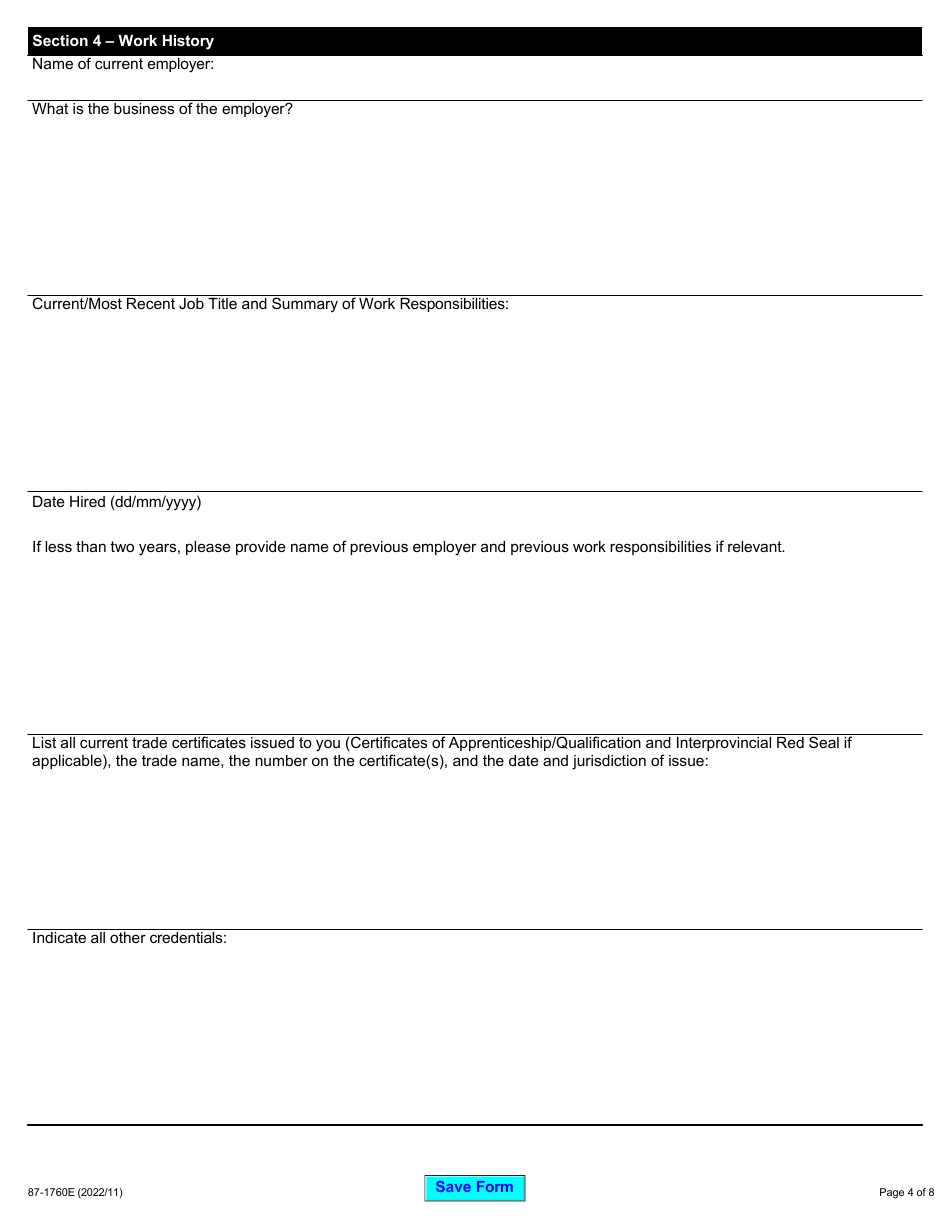 Form 87-1760E Ontario College of Trades Governance Boards and Roster of Adjudicators Application - Ontario, Canada, Page 4