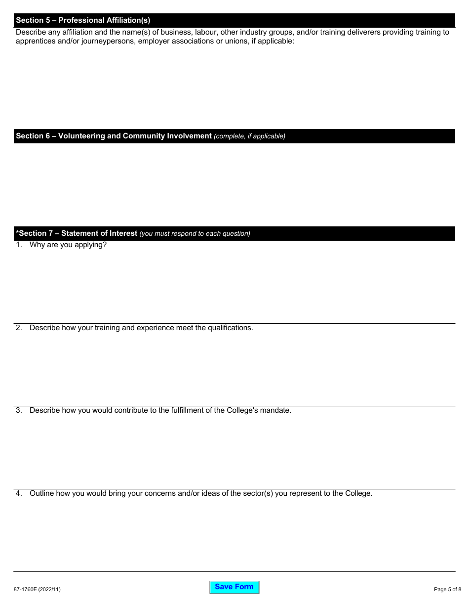 Form 87-1760E Ontario College of Trades Governance Boards and Roster of Adjudicators Application - Ontario, Canada, Page 5
