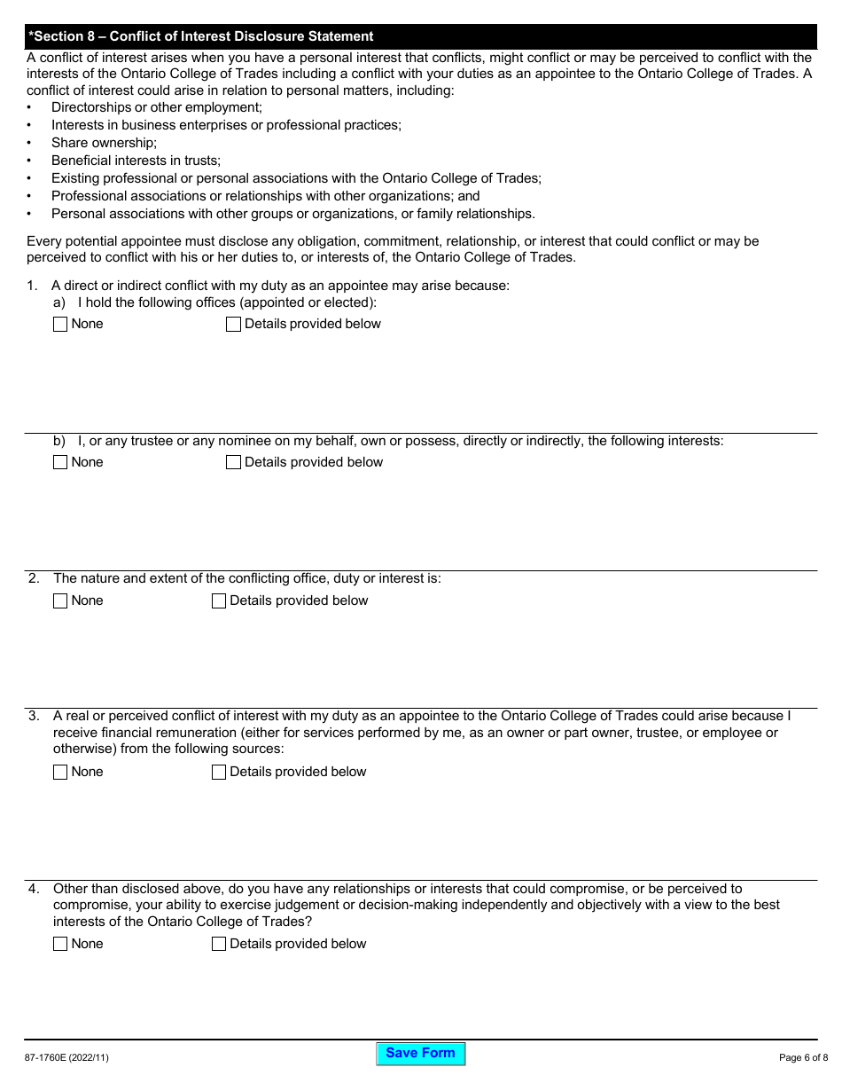 Form 87-1760E Ontario College of Trades Governance Boards and Roster of Adjudicators Application - Ontario, Canada, Page 6