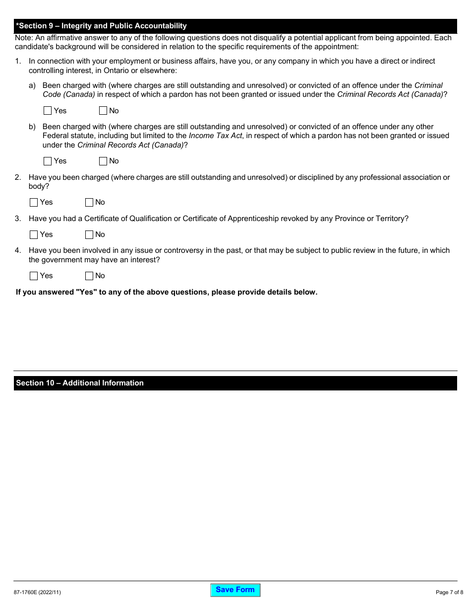 Form 87-1760E Ontario College of Trades Governance Boards and Roster of Adjudicators Application - Ontario, Canada, Page 7