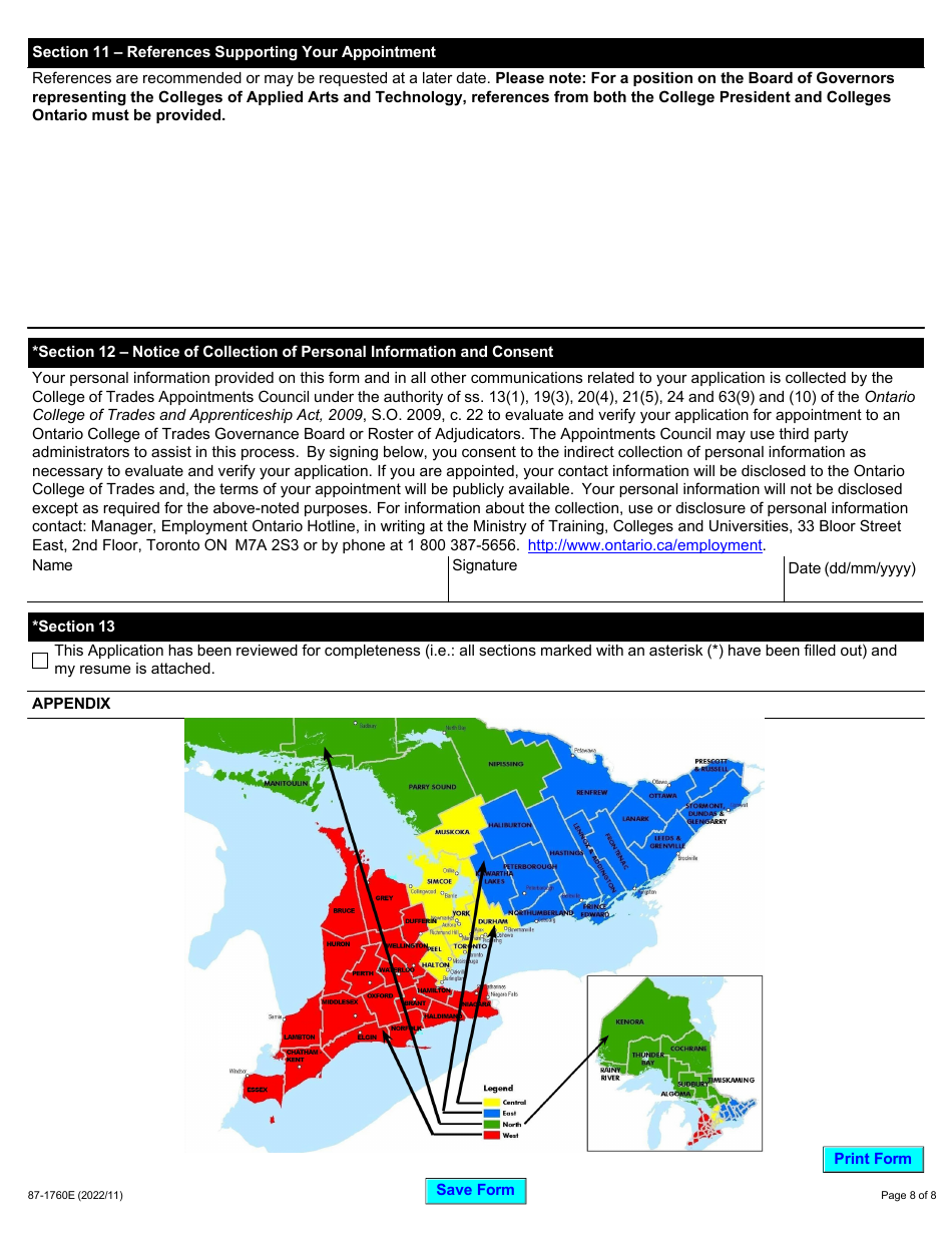 Form 87-1760E Ontario College of Trades Governance Boards and Roster of Adjudicators Application - Ontario, Canada, Page 8