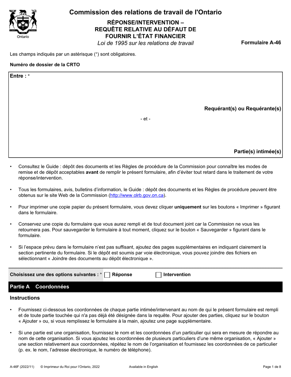Forme A-46 Reponse / Intervention - Requete Relative Au Defaut De Fournir Letat Financier - Ontario, Canada (French), Page 1