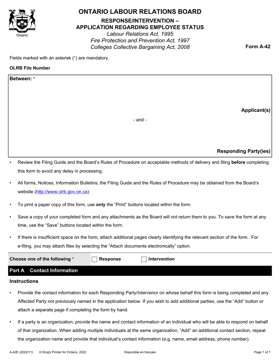 Form A-42 Response / Intervention - Application Regarding Employee Status - Ontario, Canada, Page 1