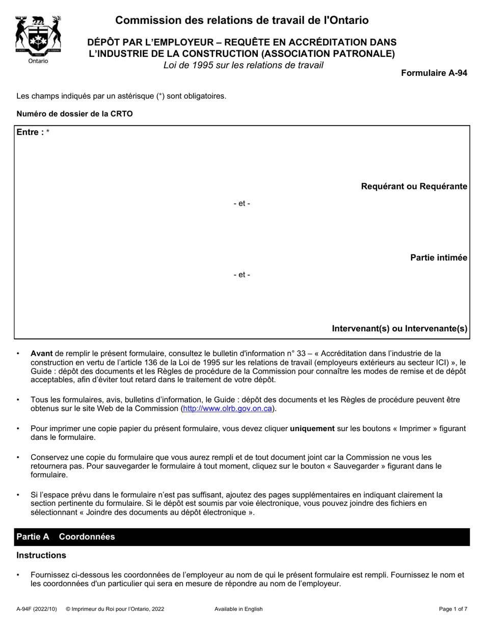 Forme A-94 Depot Par Lemployeur - Requete En Accreditation Dans Lindustrie De La Construction (Association Patronale) - Ontario, Canada (French), Page 1