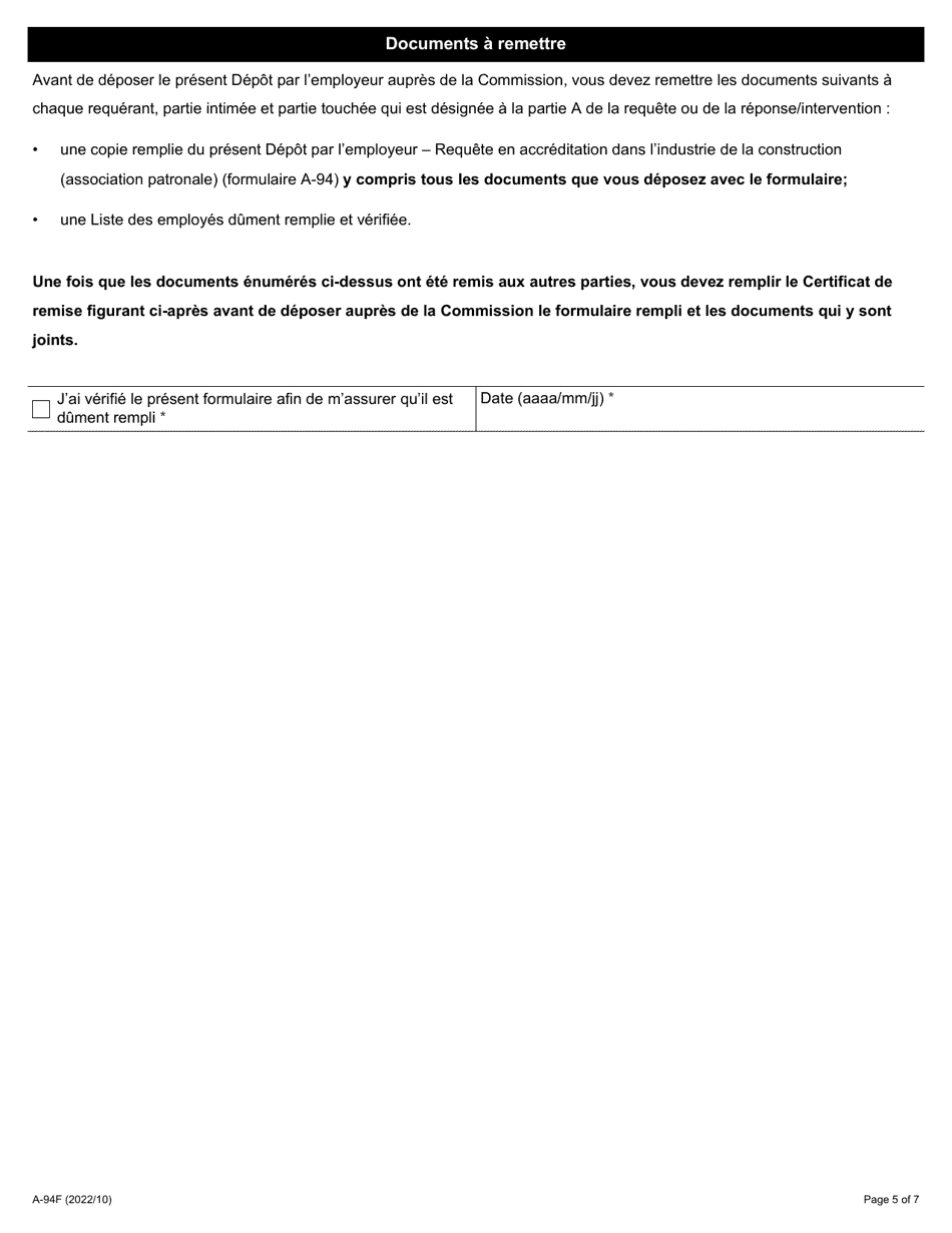 Forme A-94 Depot Par Lemployeur - Requete En Accreditation Dans Lindustrie De La Construction (Association Patronale) - Ontario, Canada (French), Page 5