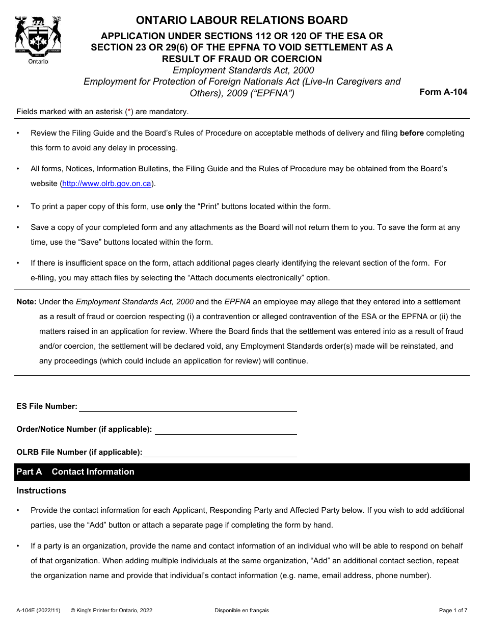 Form A-104 Application Under Sections 112 or 120 of the Esa or Section 23 or 29(6) of the Epfna to Void Settlement as a Result of Fraud or Coercion - Ontario, Canada, Page 1