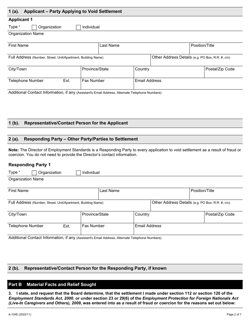 Form A-104 Application Under Sections 112 or 120 of the Esa or Section 23 or 29(6) of the Epfna to Void Settlement as a Result of Fraud or Coercion - Ontario, Canada, Page 2