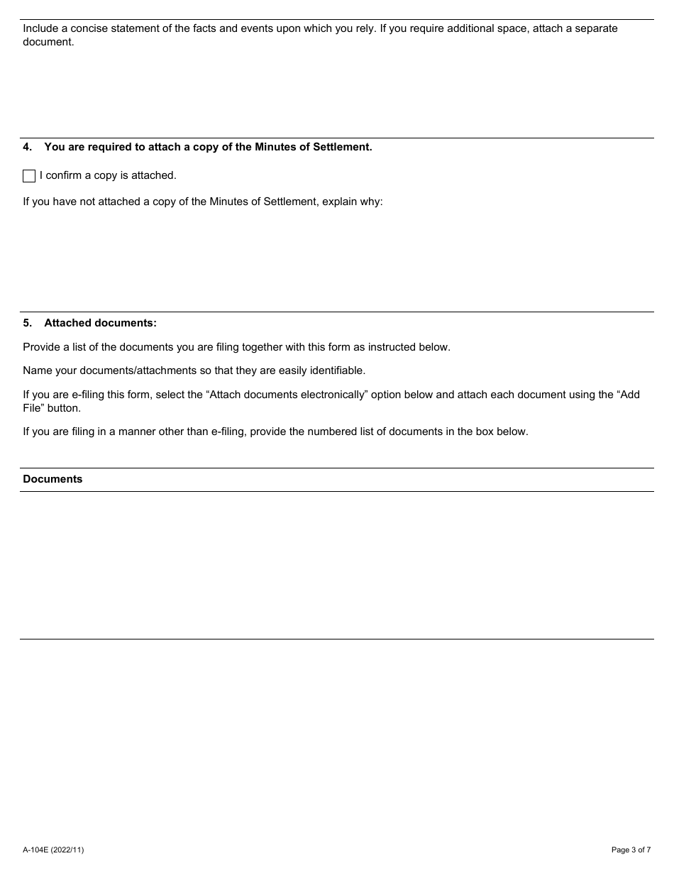 Form A-104 Application Under Sections 112 or 120 of the Esa or Section 23 or 29(6) of the Epfna to Void Settlement as a Result of Fraud or Coercion - Ontario, Canada, Page 3