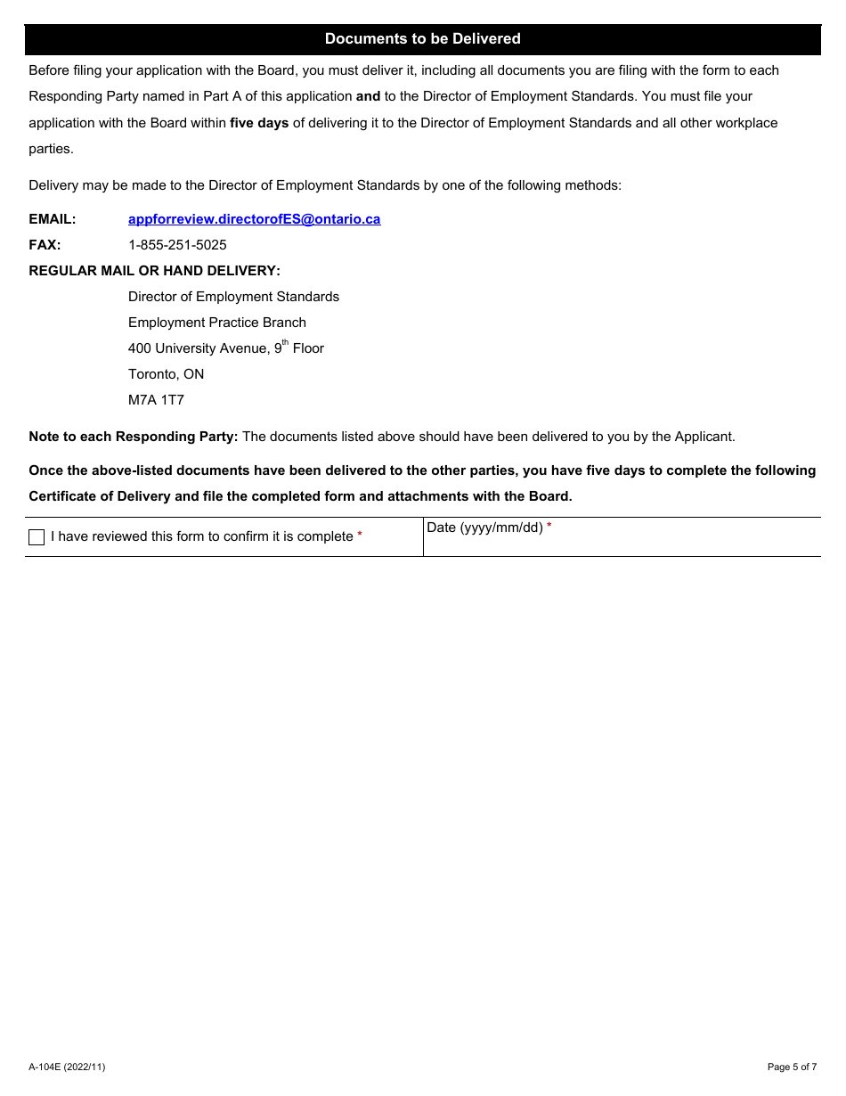 Form A-104 Application Under Sections 112 or 120 of the Esa or Section 23 or 29(6) of the Epfna to Void Settlement as a Result of Fraud or Coercion - Ontario, Canada, Page 5