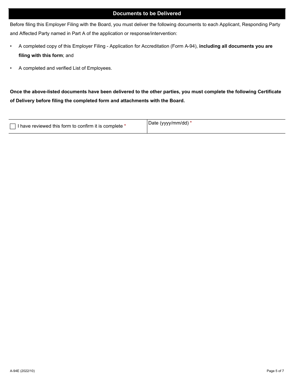 Form A-94 Employer Filing - Application for Accreditation, Construction Industry - Ontario, Canada, Page 5