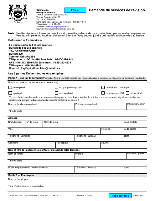 Forme 0208F Demande De Services De Revision - Ontario, Canada (French)