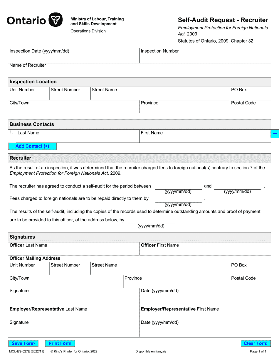 Form MOL-ES-027 Self-audit Request - Recruiter - Ontario, Canada, Page 1
