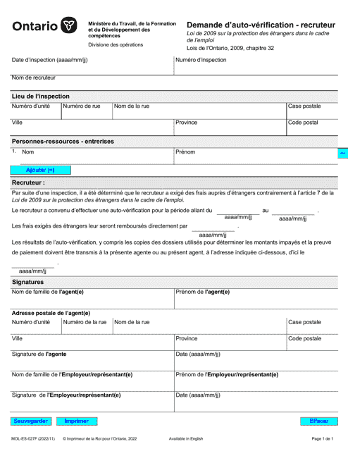 Forme MOL-ES-027 Demande D'auto-Verification - Recruteur - Ontario, Canada (French)