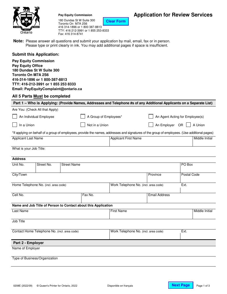 Form 0208E Application for Review Services - Ontario, Canada, Page 1